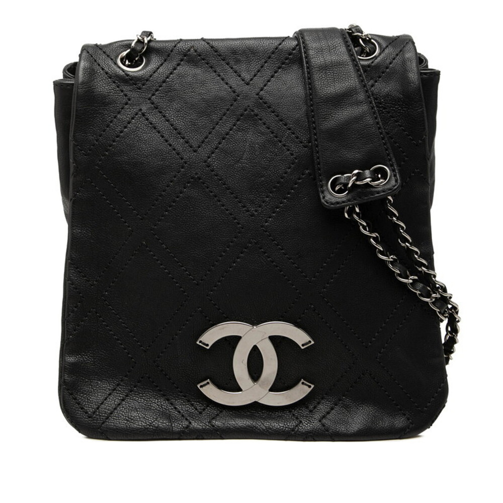 Chanel Diamond Stitch Coco Mark Messenger Shoulder Bag, Black Leather, Women'...